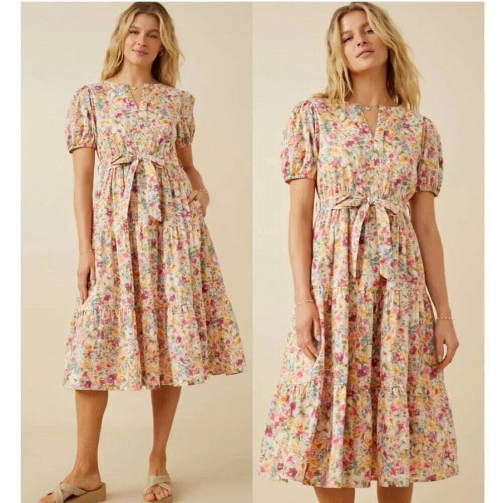 Hayden Muted Floral Belted Tiered Midi Dress Cottagecore Women's Size 1XL